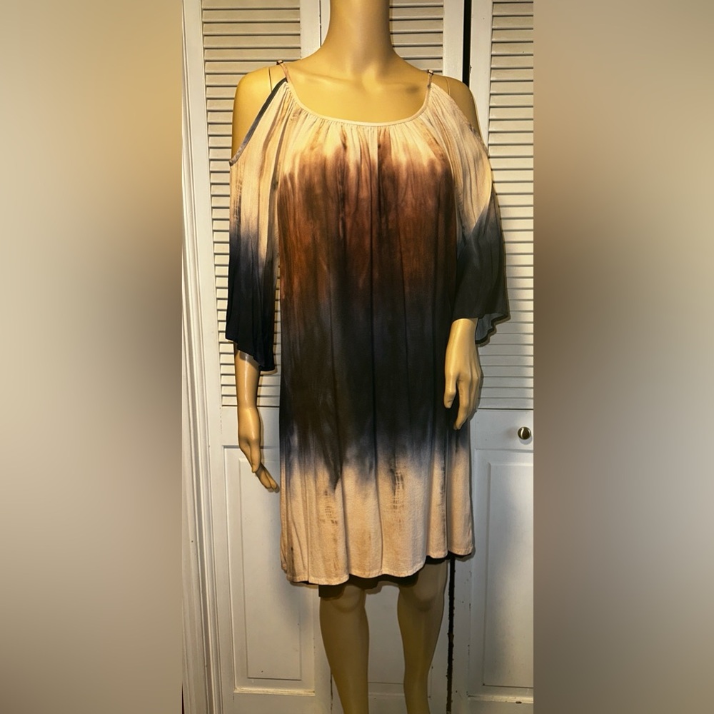 Karen Kane Boho Ombré Cold Shoulder Dip Dye Blue Beige Brown Dress Large